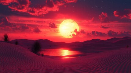 Majestic Sunset Over Serene Desert with Bold Outlined Sand Dunes - Photorealistic Landscape Scene