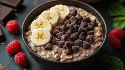 Close-Up Thick And Creamy Banana Overnight Oats Blended With Chocolate In Home Interior, Breakfast Photography, Food Menu Style Photo Image