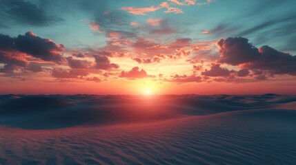 Majestic Sunset in a Photorealistic Serene Desert with Bold Outlines of Dramatic Sand Dunes