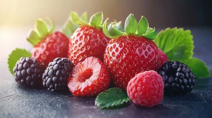 Sunlit strawberries, raspberries, blackberries on dark surface