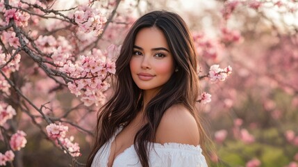 A beautiful woman with long brown hair stands in front of blooming peach trees, wearing white and smiling gently at the camera.