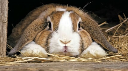 Adorable Lop-Eared Rabbit Resting in Hay
