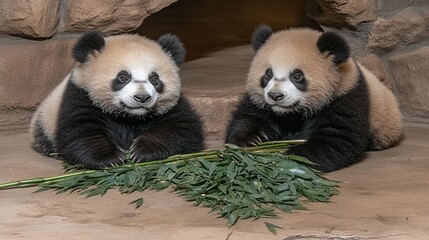 Fototapeta premium Adorable Panda Twins Enjoying Bamboo Snack