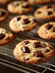 Freshly baked chocolate chip cookies cooling on a metal rack after coming from the oven