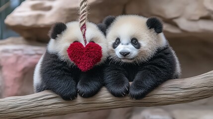 Fototapeta premium Adorable Panda Twins with Valentine's Heart