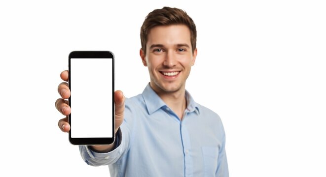 Young man showing mobile phone with blank screen on white background
