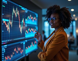 A professional analyzing stock market data displayed on multiple large screens. The screens show various charts and graphs with financial information, indicating a focus on market trends and analysis.