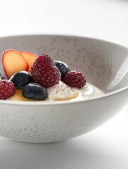 Close-up of a dessert bowl with fresh fruit, yogurt, and honey on white background