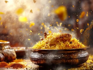Traditional Indian biryani with rice, chicken, and spices. Featuring a fragrant and flavorful dish. Highlighting the texture and spices of the biryani. Ideal for food and cultural themes.