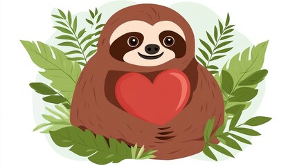 Adorable Sloth Holding Heart, Tropical Foliage Background