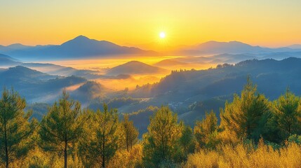 Fototapeta premium Ethereal Sunrise Over Majestic Mountain Range - Abstract Artistic Interpretation