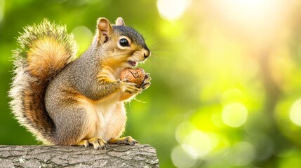 Fototapeta premium Adorable Squirrel Enjoying Nut in Sunny Forest