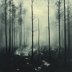 Obraz premium Dark Moody Forest Scene with Twisted Bare Trees