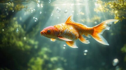 Koi fish swimming, underwater sunlit pond, aquatic plants