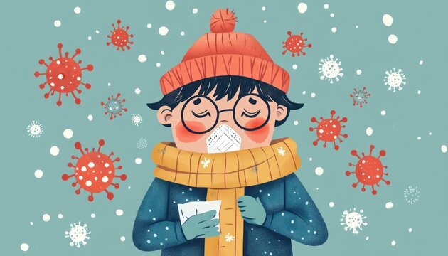 Cartoon character with mask and viruses illustration, winter scene design with snowflakes