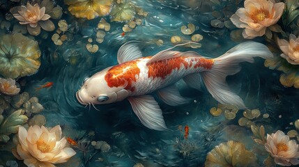 Koi fish swimming in lotus pond, serene background, art print