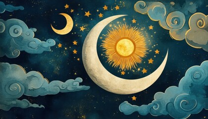 Whimsical Celestial Scene with Sun, Moon, Stars, and Clouds on Dark Sky