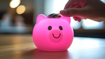 A person putting coins into a piggy bank, a concept of financial protection and a smirk. Close-up of a hand adding money to a pink plastic vessel, with a bokeh effect, a bright background.