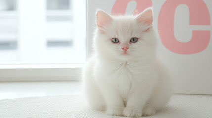 Adorable White Kitten Posing Near Pink Letters