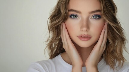 Fototapeta premium A portrait of an attractive woman with wavy brown hair, wearing a white t-shirt and holding her hands on her face, posing for a professional photo shoot in a studio. She has blue eyeshadow makeup.