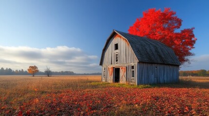 Obraz premium Rustic barn, autumn leaves, sunrise field, fall landscape, postcard