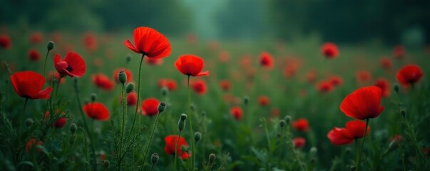 Fototapeta premium Moody dark green foliage with red poppy blooms, dark green, horticulture, flower field