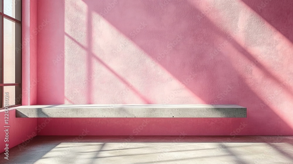 Poster concrete shelf against pink wall for product display with soft morning light and shadows
