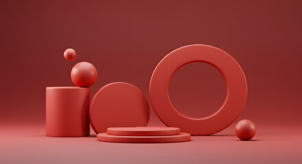 Red Geometric Shapes 3D Render Product Display Background