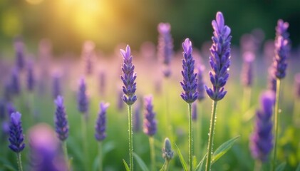 Fototapeta premium Morning dew glistens on lavender stalks in a lush meadow, freshness, nature photography, purple flowers