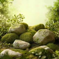 Tranquil Natural Scene with Moss Covered Stones and Greenery