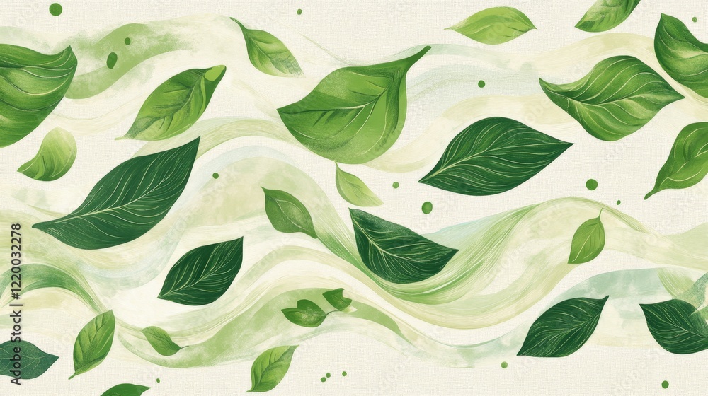 Poster seamless green leaf pattern with wave-like design for background