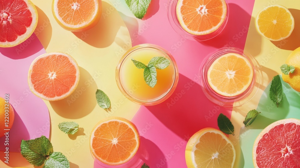 Poster freshly squeezed citrus juices top down view with colorful background