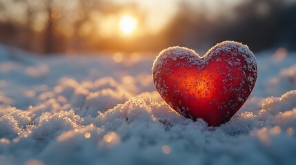 Romantic valentine's day postcard with heart in snowy background, vibrant and colorful design, hyper-realistic high-resolution photography