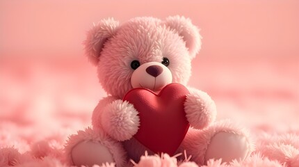 Fototapeta premium A cute teddy bear, holding a heart, in a surreal infrared image featuring gentle soft light, otherworldly appearance, diffused shadows, and subtle illumination. Infrared spectrum tones dominate the 