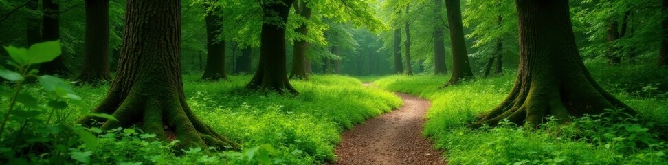 Obraz premium Moss covered forest path winding through trees, nature reserve, green moss, forest trail