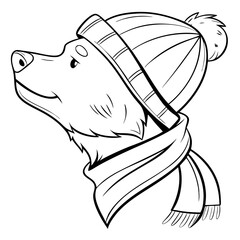 Bear head with a winter beanie and scarf vector art illustration.
