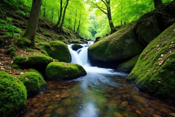 Moss covered stones at Golitha Falls with a waterfall, cornwall, england, forest