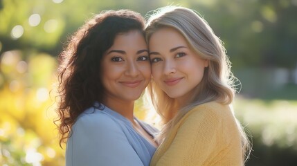 Fototapeta premium Two multiethnic women smiling and embracing, happiness, outdoor. Latina and Caucasian women, positive. Multicultural, multiracial friendship concept. Women's day theme. 