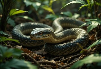 Obraz premium A dark-colored snake with gray and black scales is coiled on the forest floor, surrounded by lush green vegetation.