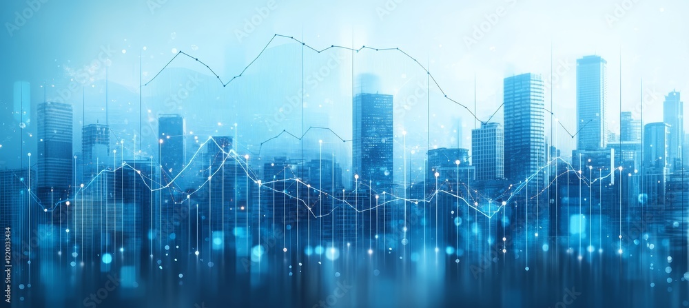 Poster Line chart statistic data finance business economy market visualization with city skyline background. Generative AI technology.	
