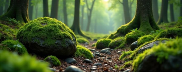 Mossy boulders dot the forest landscape, adding to its charm, mossy boulder, vegetation