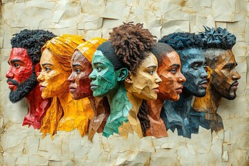 "Black History Month: Celebrating Diversity with Men and Women from Various Ethnicities, Illustrated on a Crumpled Paper Background"