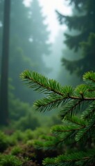 Obraz premium Mossy pine branch against misty forest background, misty forest, greenery