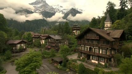 Alpine Village nestled amongst majestic mountains and clouds