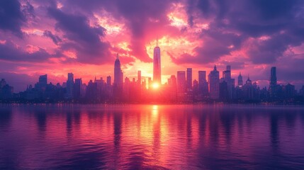 Fototapeta premium New York City Sunset Skyline Skyscrapers Silhouette Vibrant Purple Orange Sky Architecture Urban Life