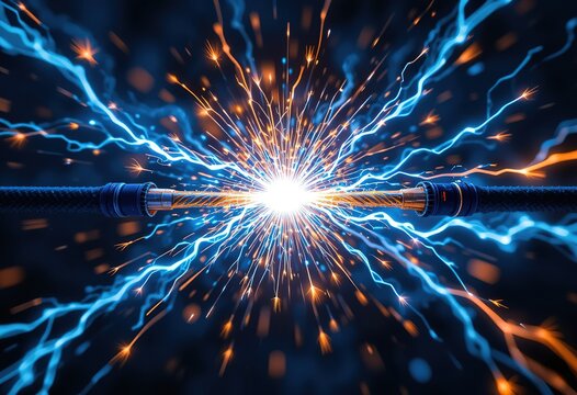 The image depicts a dramatic close-up of two wires with intense electrical sparks erupting between them.