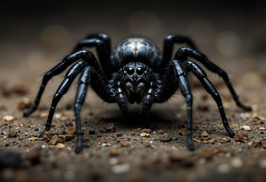 A detailed close-up photograph depicts a large black spider on the ground.