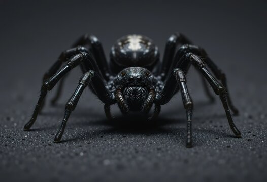 A detailed macro photograph showcases a large black spider in sharp focus against a dark background.