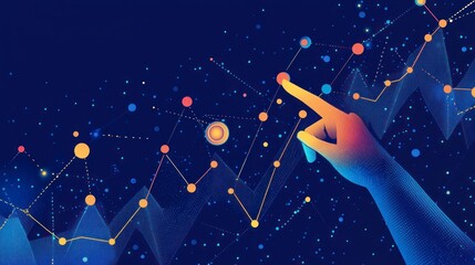 Hand pointing at a rising graph of stock market business growth and performance, with a blue background.