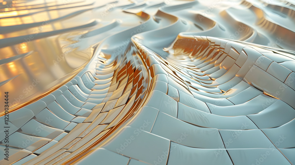 Aufkleber Abstract wave-like structure with glossy surfaces and warm lighting.